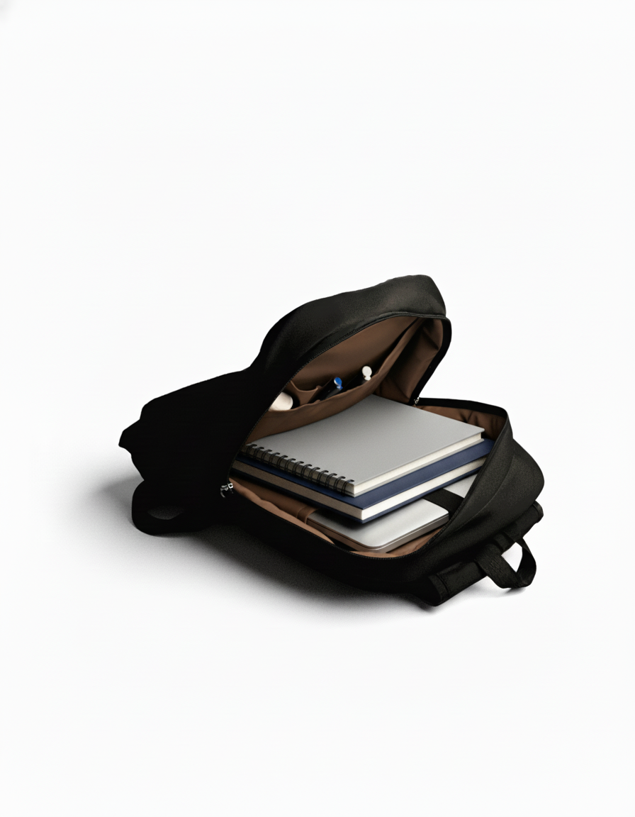 La Haasil laptop bag packed with laptop and daily essentials, showing storage capacity