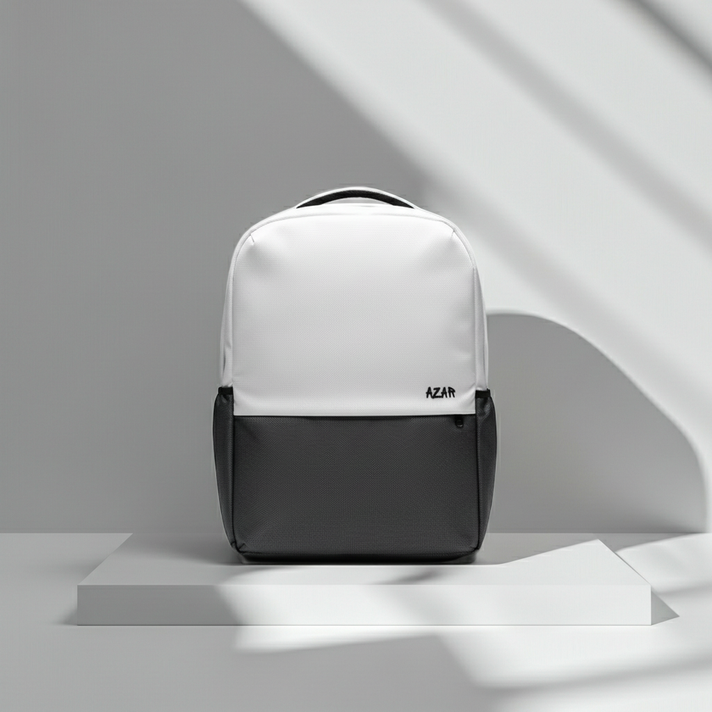AZAR Uraan white and grey laptop bag for university girls, front view with logo