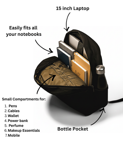 La Haasil laptop bag specifications, fits 15 inch laptop, multiple compartments and bottle pocket