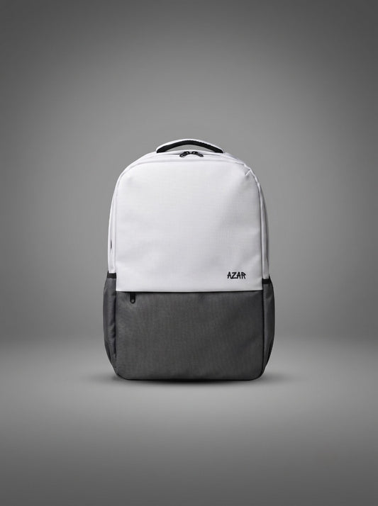 AZAR Uraan white and grey laptop bag for university girls, front view with logo