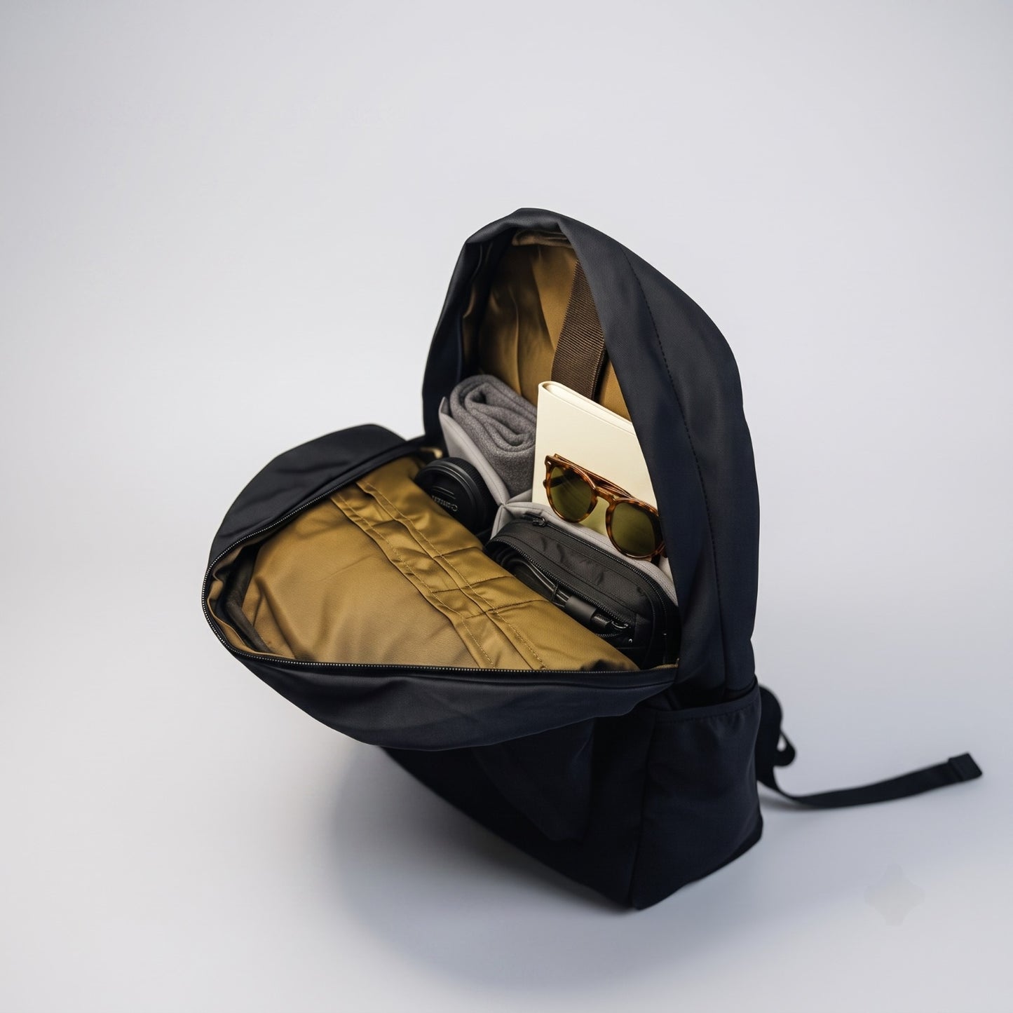 La Haasil laptop bagpack interior compartments, gold lining with padded laptop sleeve