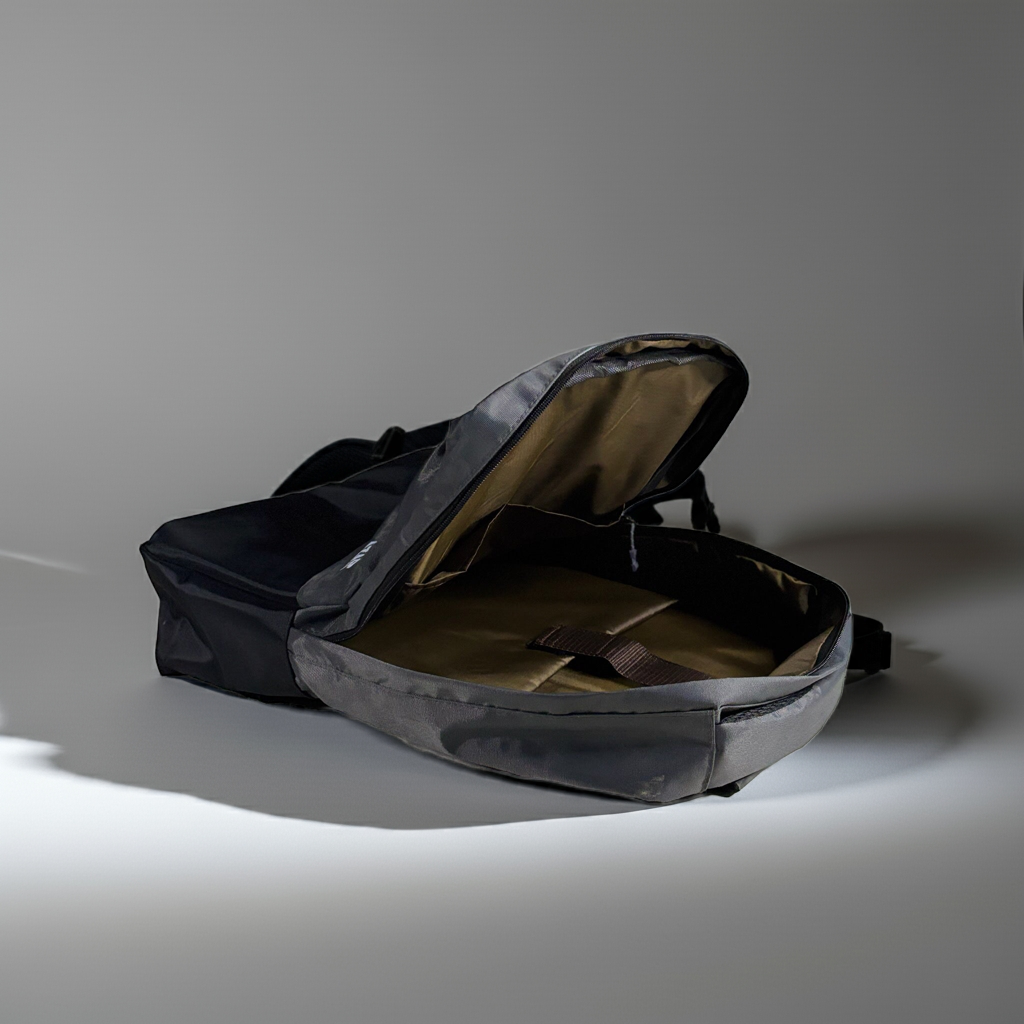 Open black and gray bag on a gray background