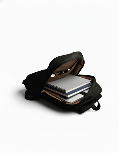 La Haasil laptop bag packed with laptop and daily essentials, showing storage capacity