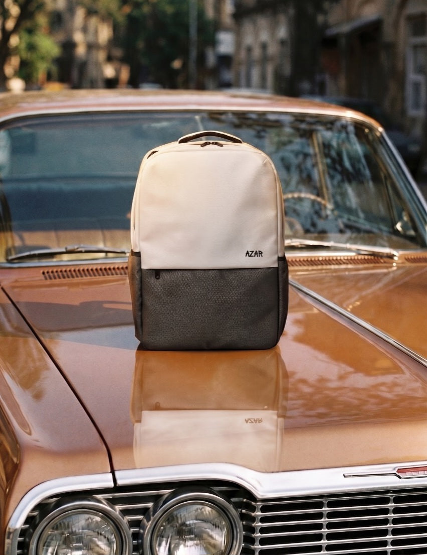 AZAR Uraan stylish laptop bag for university girls, lifestyle shot on car hood